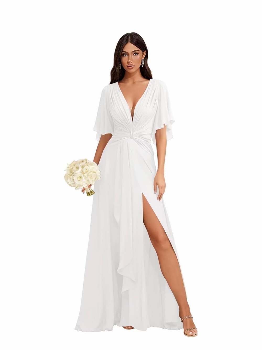 Wedding V Neck Flutter Sleeve Lace Up Back Bridal White Ruched Dress SZ 4 New